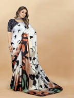 Vedant Vastram Digital Print Japan Satin Silk Party Wear Saree with Unstitched Blouse Piece - Cream | Grocsy