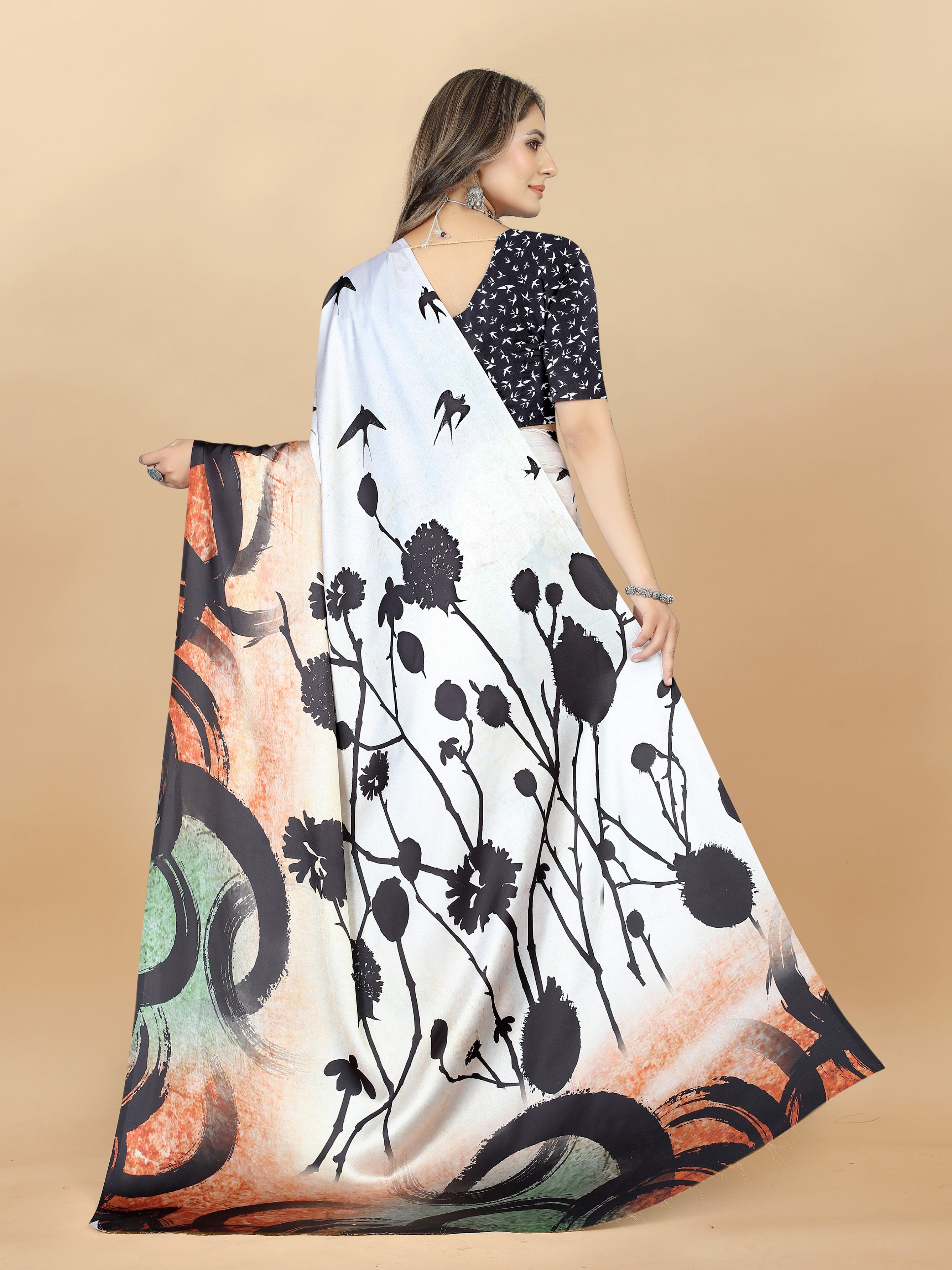 Vedant Vastram Digital Print Japan Satin Silk Party Wear Saree with Unstitched Blouse Piece - Cream | Grocsy