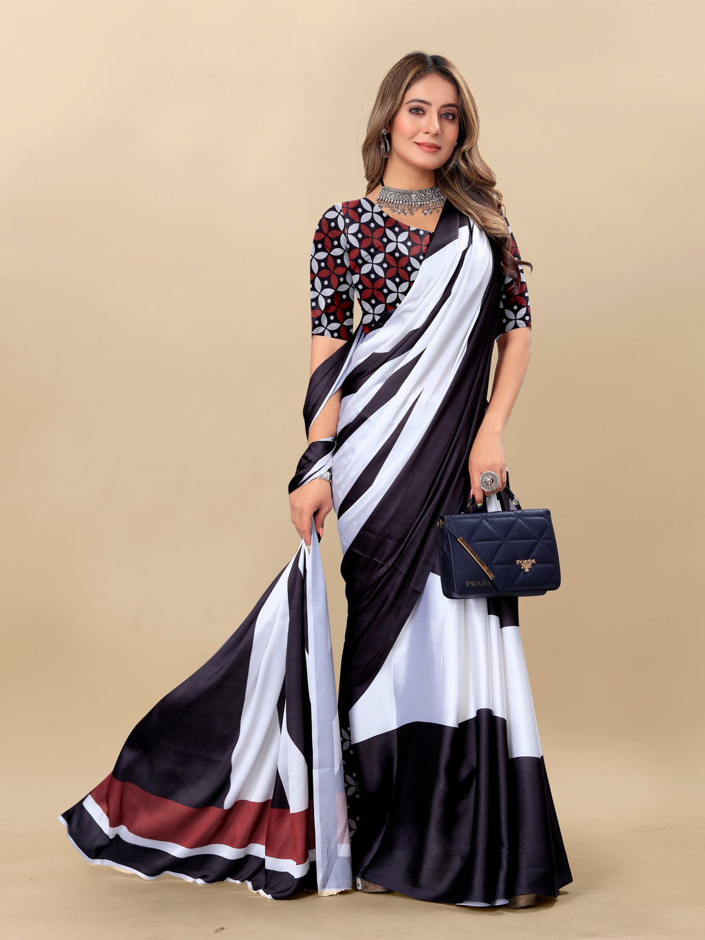 Vedant Vastram Digital Print Japan Satin Silk Party Wear Saree with Unstitched Blouse Piece - Black | Grocsy