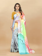 Vedant Vastram Digital Print Japan Satin Silk Party Wear Saree with Unstitched Blouse Piece - Multi Color | Grocsy