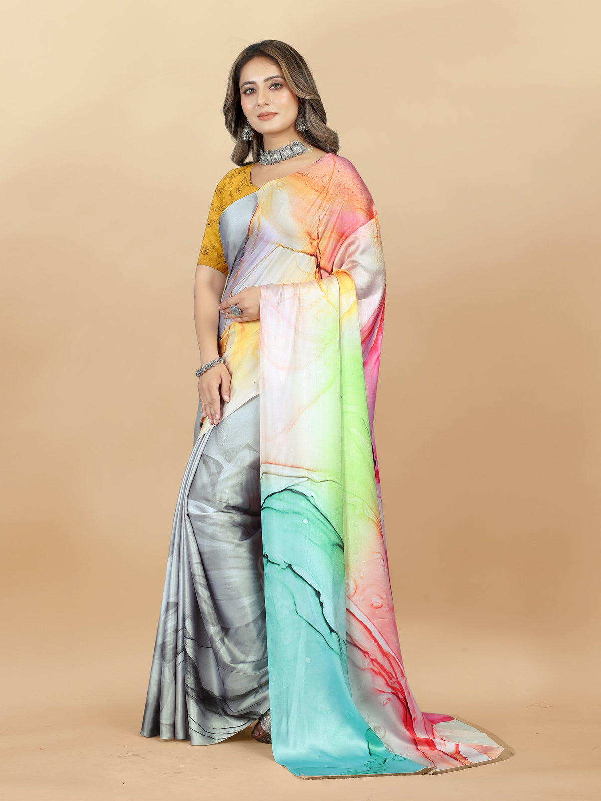 Vedant Vastram Digital Print Japan Satin Silk Party Wear Saree with Unstitched Blouse Piece - Multi Color | Grocsy