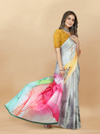Vedant Vastram Digital Print Japan Satin Silk Party Wear Saree with Unstitched Blouse Piece - Multi Color | Grocsy