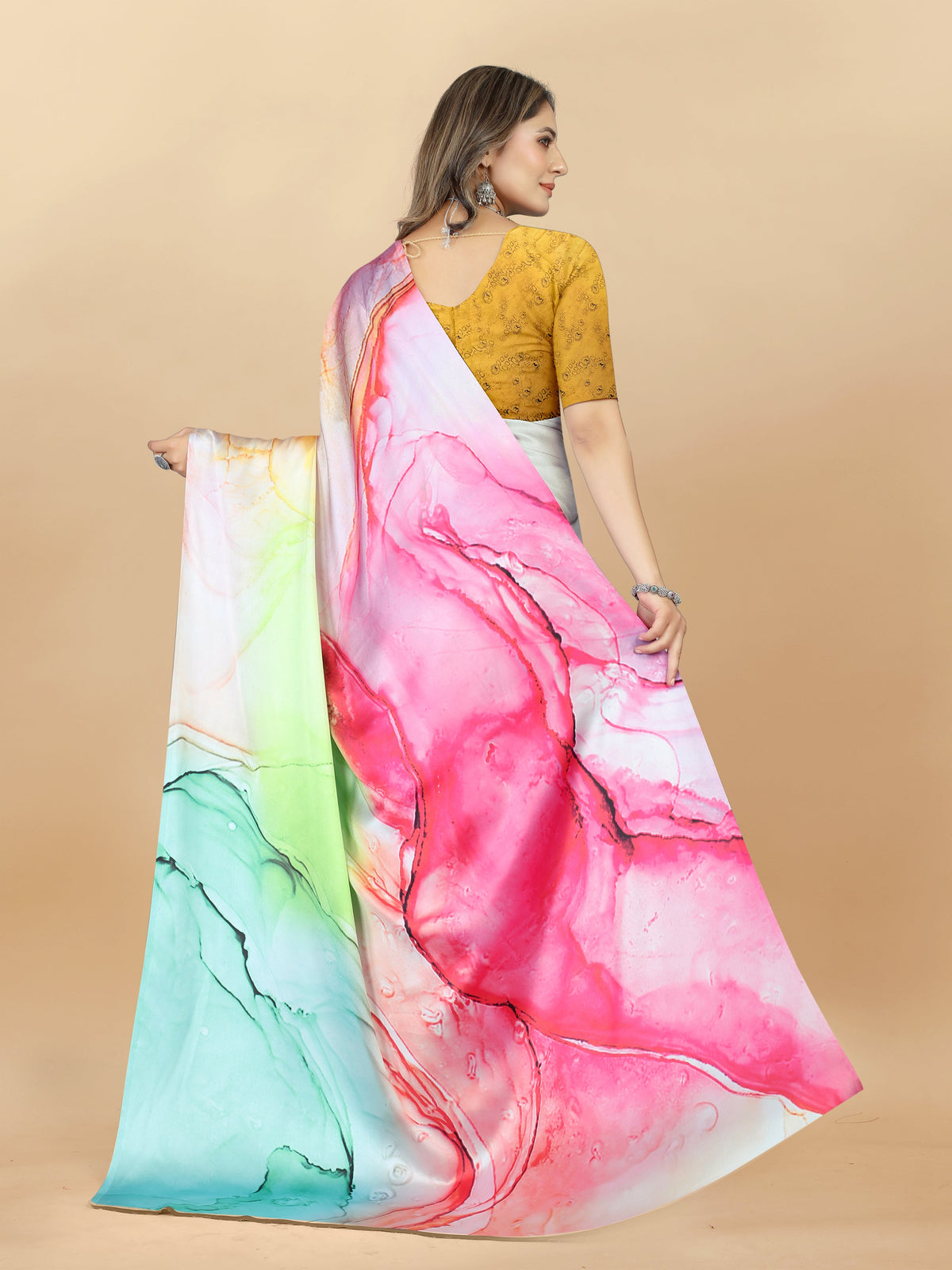 Vedant Vastram Digital Print Japan Satin Silk Party Wear Saree with Unstitched Blouse Piece - Multi Color | Grocsy