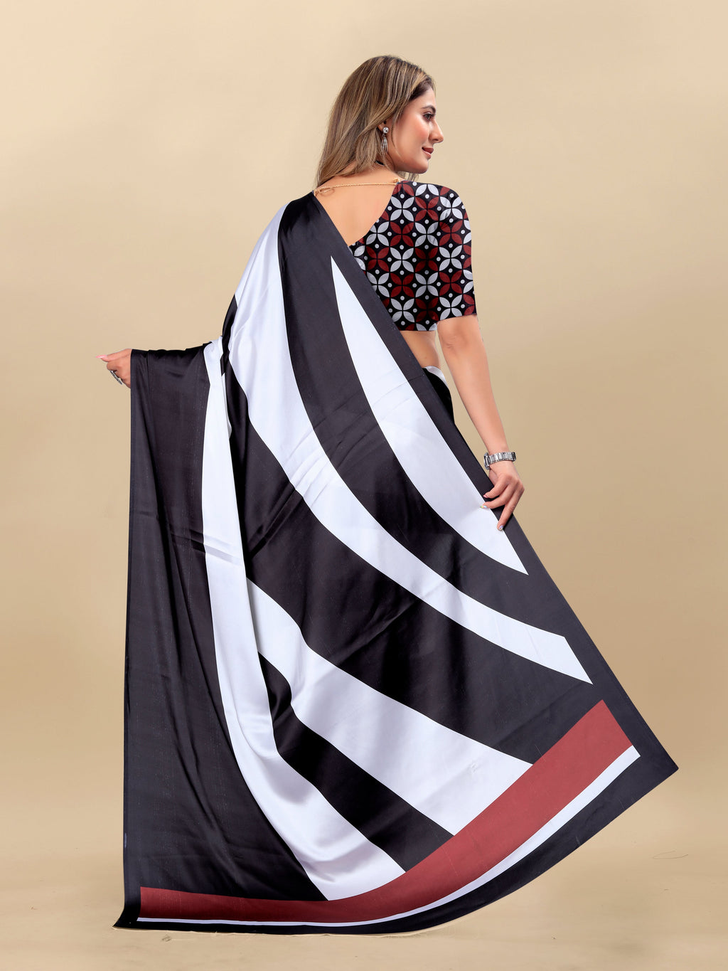 Vedant Vastram Digital Print Japan Satin Silk Party Wear Saree with Unstitched Blouse Piece - Black | Grocsy
