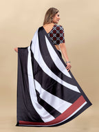 Vedant Vastram Digital Print Japan Satin Silk Party Wear Saree with Unstitched Blouse Piece - Black | Grocsy