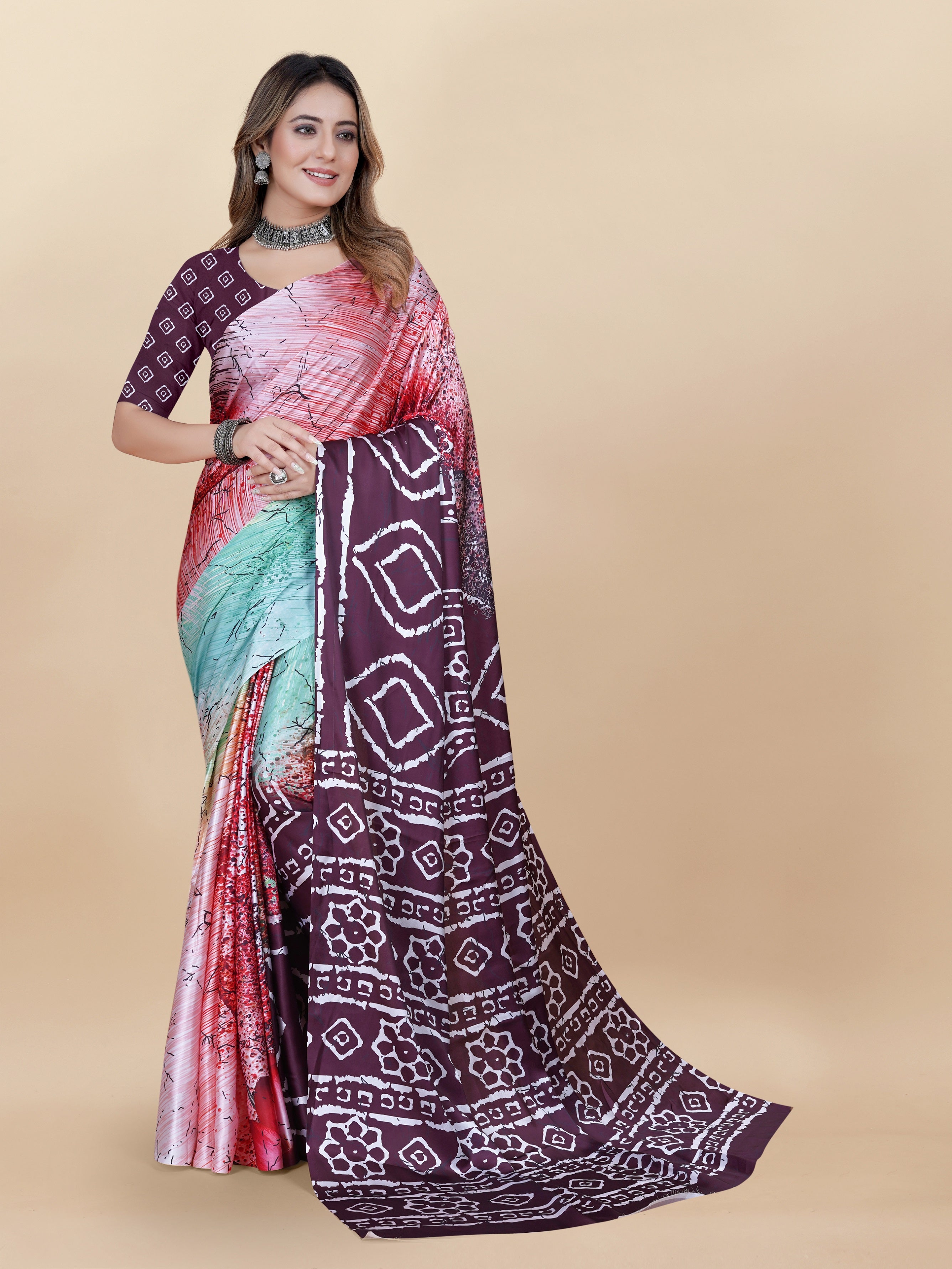 Vedant Vastram Digital Print Japan Satin Silk Party Wear Saree with Unstitched Blouse Piece - Purple | Grocsy