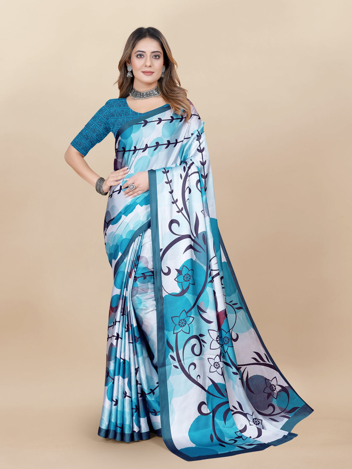 Vedant Vastram Digital Print Japan Satin Silk Party Wear Saree with Unstitched Blouse Piece - Turquoise | Grocsy