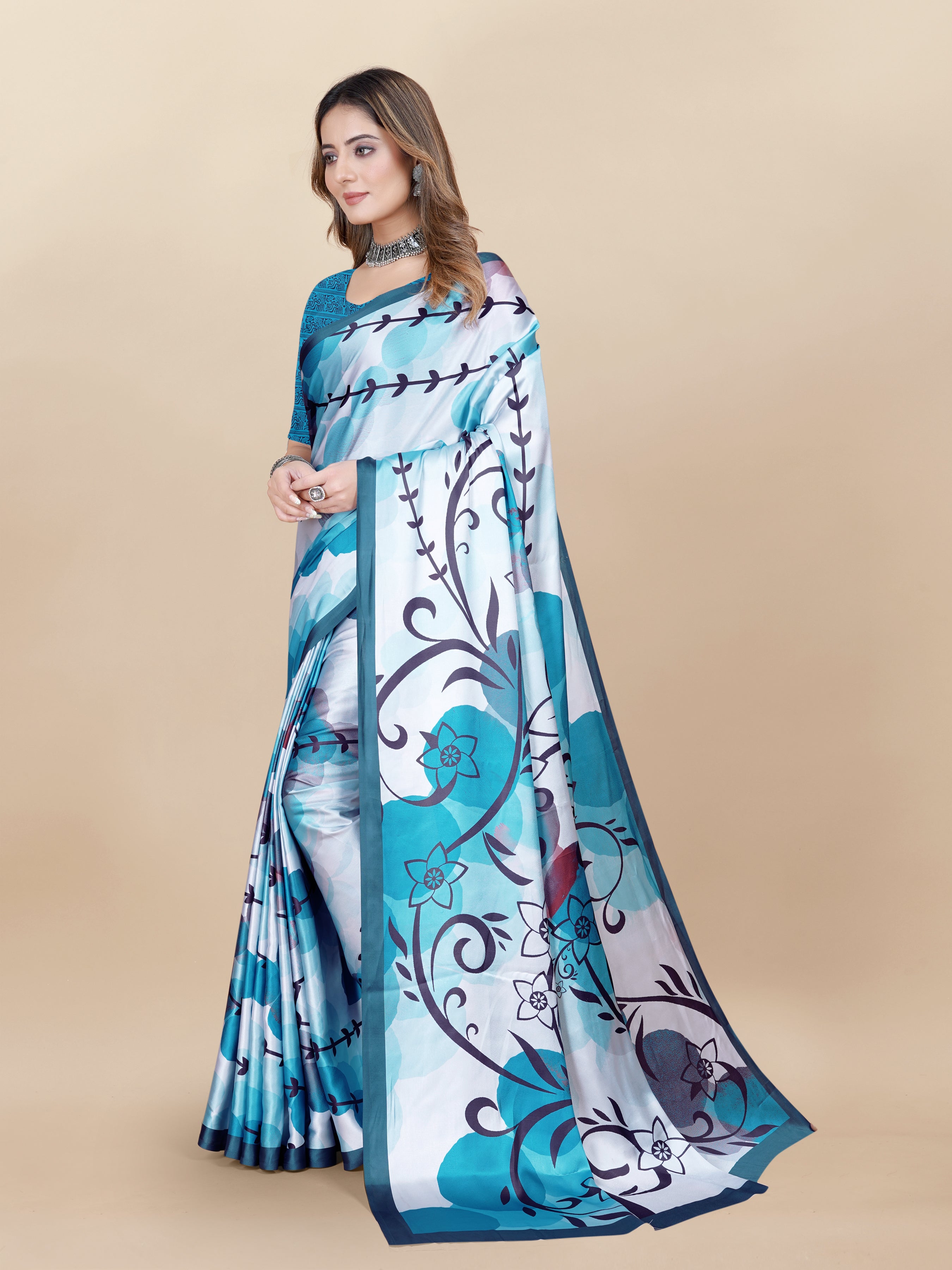 Vedant Vastram Digital Print Japan Satin Silk Party Wear Saree with Unstitched Blouse Piece - Turquoise | Grocsy