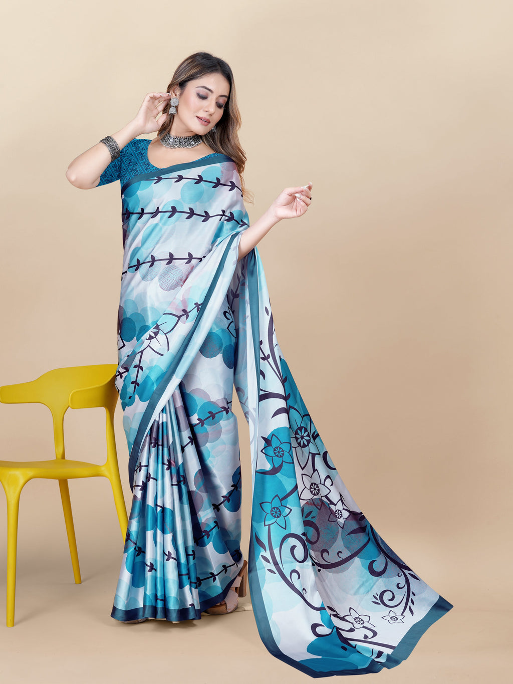 Vedant Vastram Digital Print Japan Satin Silk Party Wear Saree with Unstitched Blouse Piece - Turquoise | Grocsy