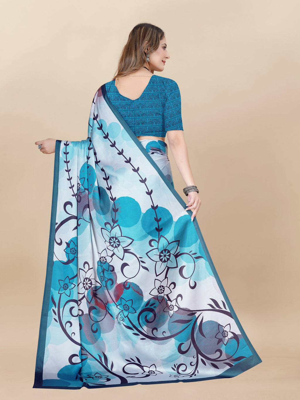 Vedant Vastram Digital Print Japan Satin Silk Party Wear Saree with Unstitched Blouse Piece - Turquoise | Grocsy