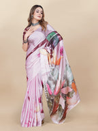 Vedant Vastram Digital Print Japan Satin Silk Party Wear Saree with Unstitched Blouse Piece - Pink | Grocsy