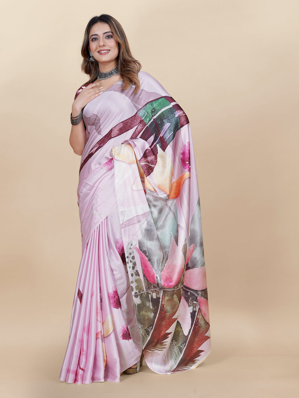 Vedant Vastram Digital Print Japan Satin Silk Party Wear Saree with Unstitched Blouse Piece - Pink | Grocsy