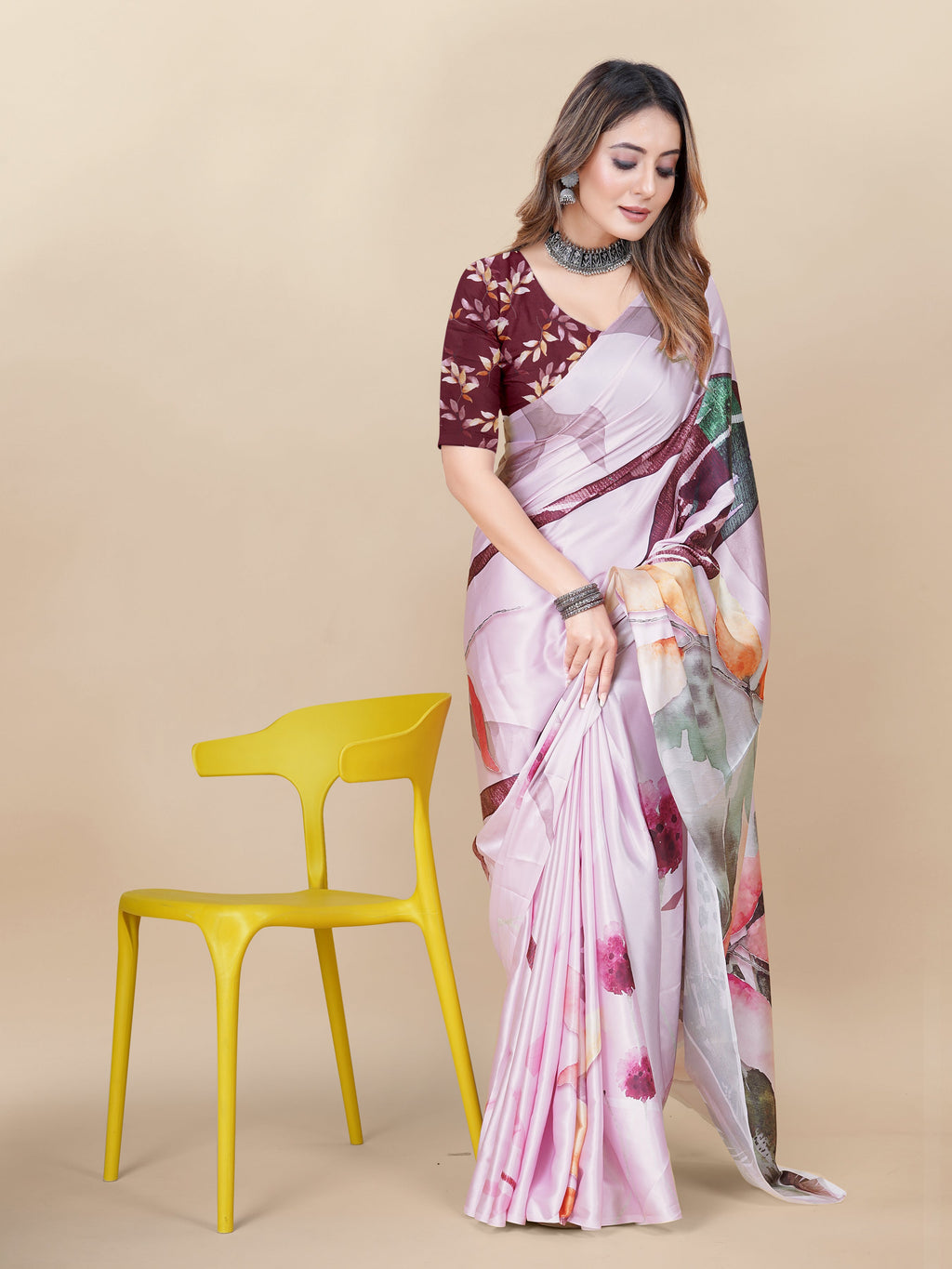 Vedant Vastram Digital Print Japan Satin Silk Party Wear Saree with Unstitched Blouse Piece - Pink | Grocsy