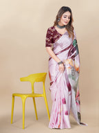 Vedant Vastram Digital Print Japan Satin Silk Party Wear Saree with Unstitched Blouse Piece - Pink | Grocsy