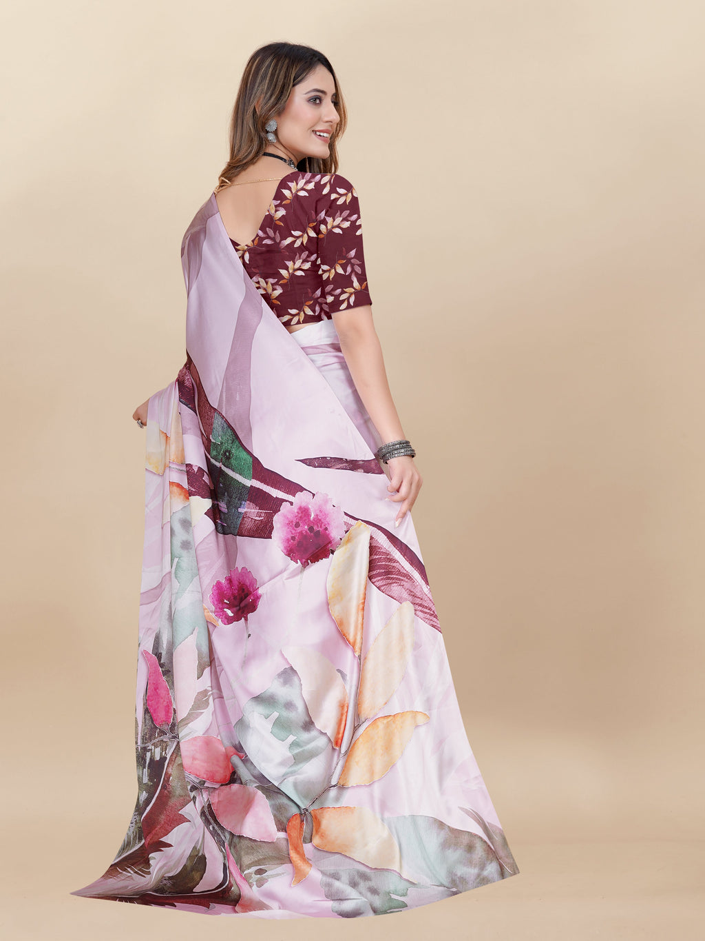 Vedant Vastram Digital Print Japan Satin Silk Party Wear Saree with Unstitched Blouse Piece - Pink | Grocsy