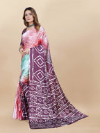 Vedant Vastram Digital Print Japan Satin Silk Party Wear Saree with Unstitched Blouse Piece - Purple | Grocsy