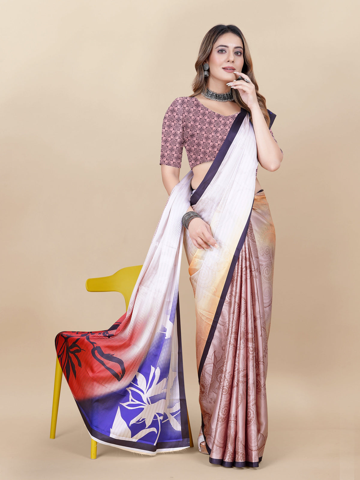 Vedant Vastram Digital Print Japan Satin Silk Party Wear Saree with Unstitched Blouse Piece - Purple | Grocsy