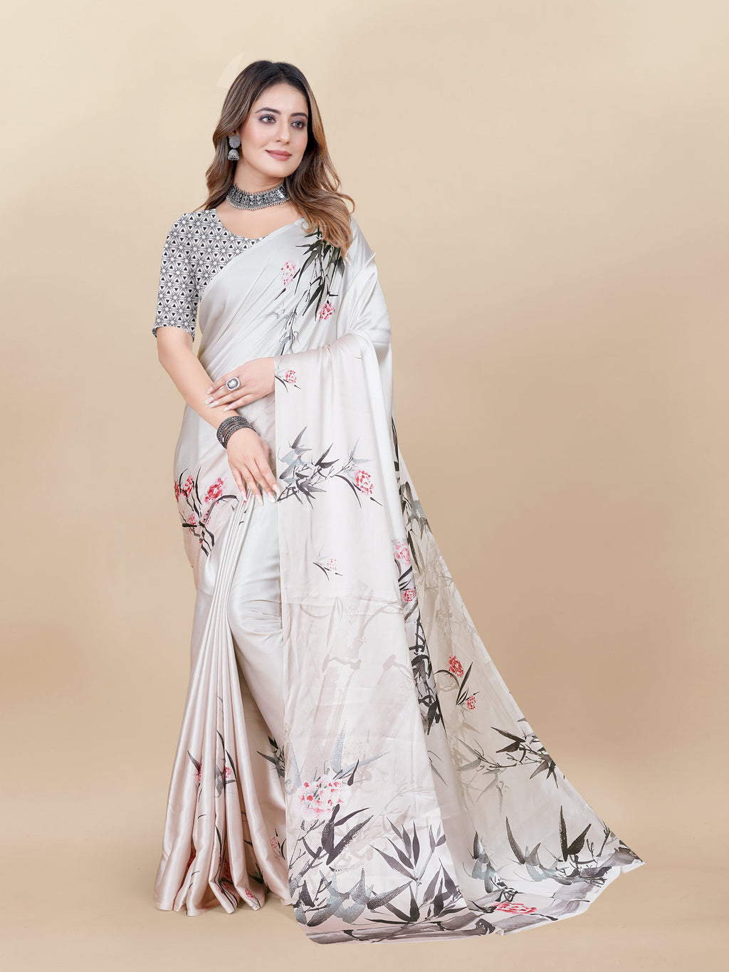 Vedant Vastram Digital Print Japan Satin Silk Party Wear Saree with Unstitched Blouse Piece - Cream | Grocsy