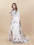 Vedant Vastram Digital Print Japan Satin Silk Party Wear Saree with Unstitched Blouse Piece - Cream | Grocsy