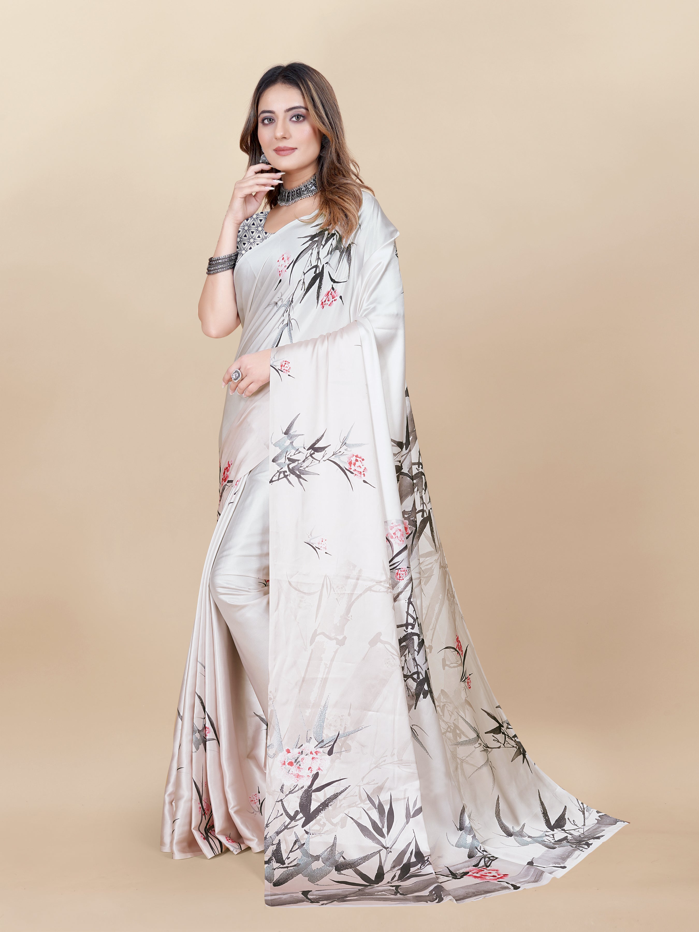Vedant Vastram Digital Print Japan Satin Silk Party Wear Saree with Unstitched Blouse Piece - Cream | Grocsy