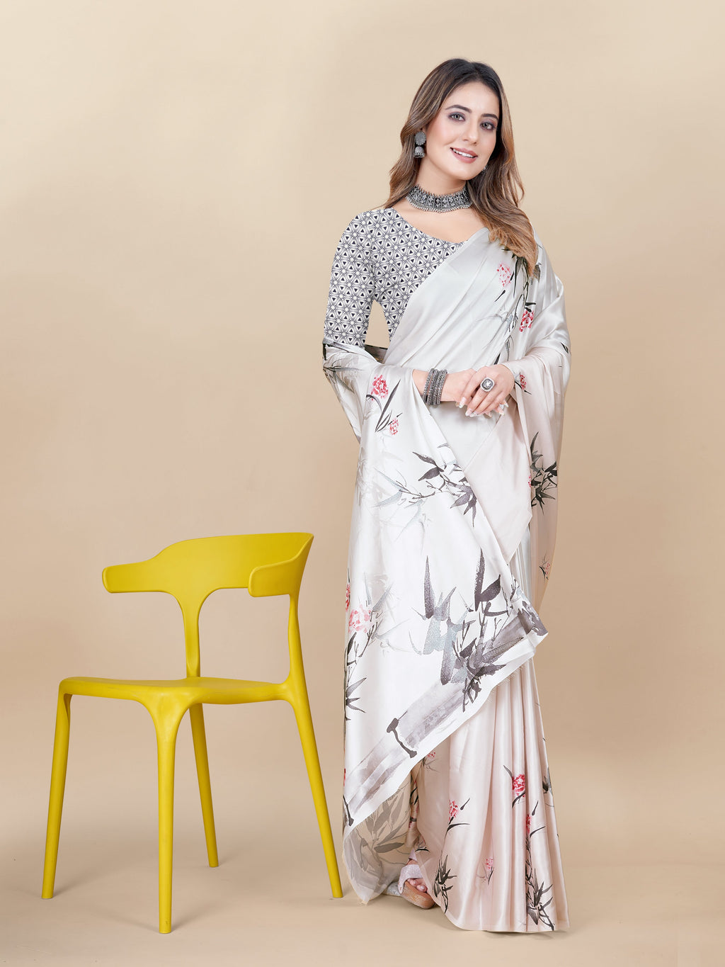 Vedant Vastram Digital Print Japan Satin Silk Party Wear Saree with Unstitched Blouse Piece - Cream | Grocsy