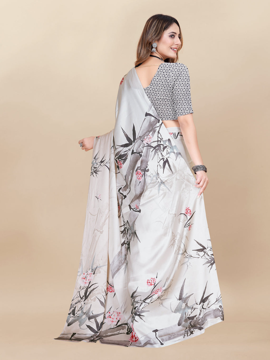 Vedant Vastram Digital Print Japan Satin Silk Party Wear Saree with Unstitched Blouse Piece - Cream | Grocsy