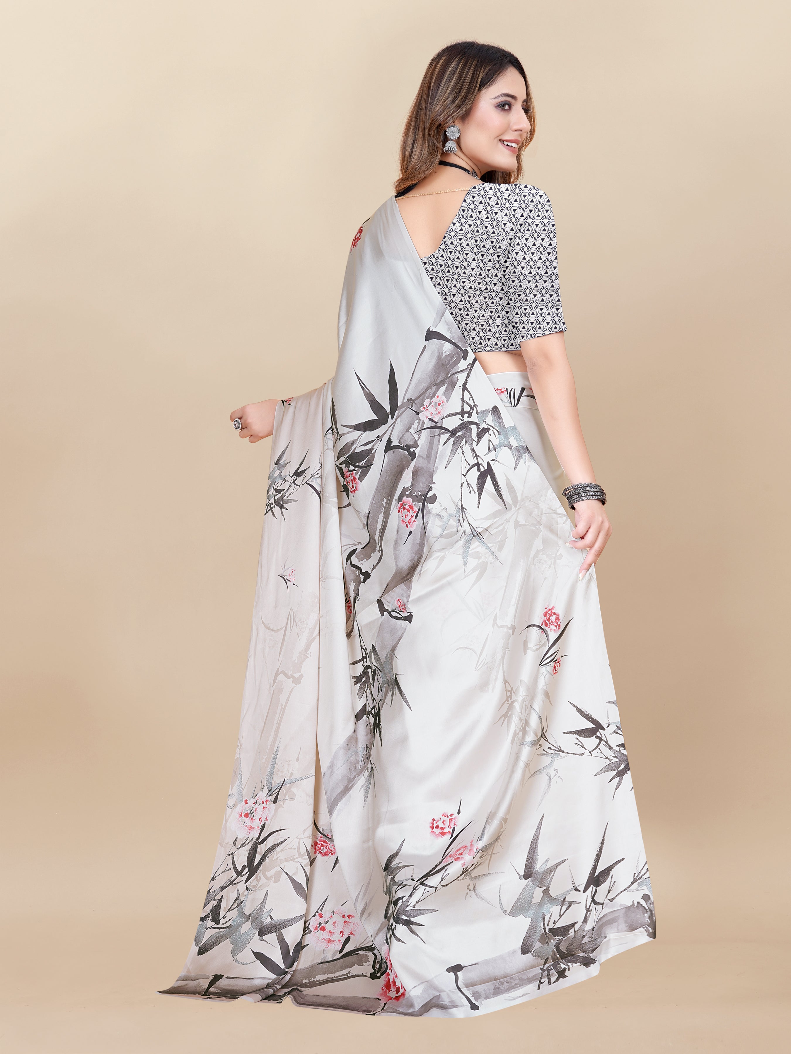 Vedant Vastram Digital Print Japan Satin Silk Party Wear Saree with Unstitched Blouse Piece - Cream | Grocsy