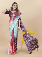 Vedant Vastram Digital Print Japan Satin Silk Party Wear Saree with Unstitched Blouse Piece - Purple | Grocsy