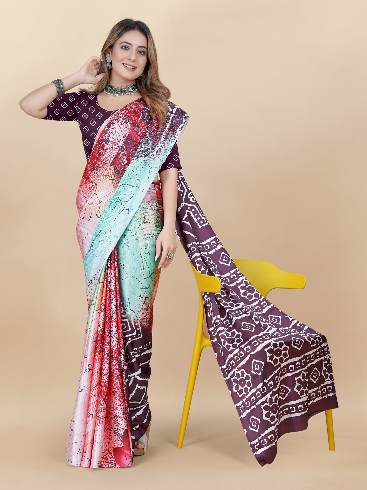 Vedant Vastram Digital Print Japan Satin Silk Party Wear Saree with Unstitched Blouse Piece - Purple | Grocsy