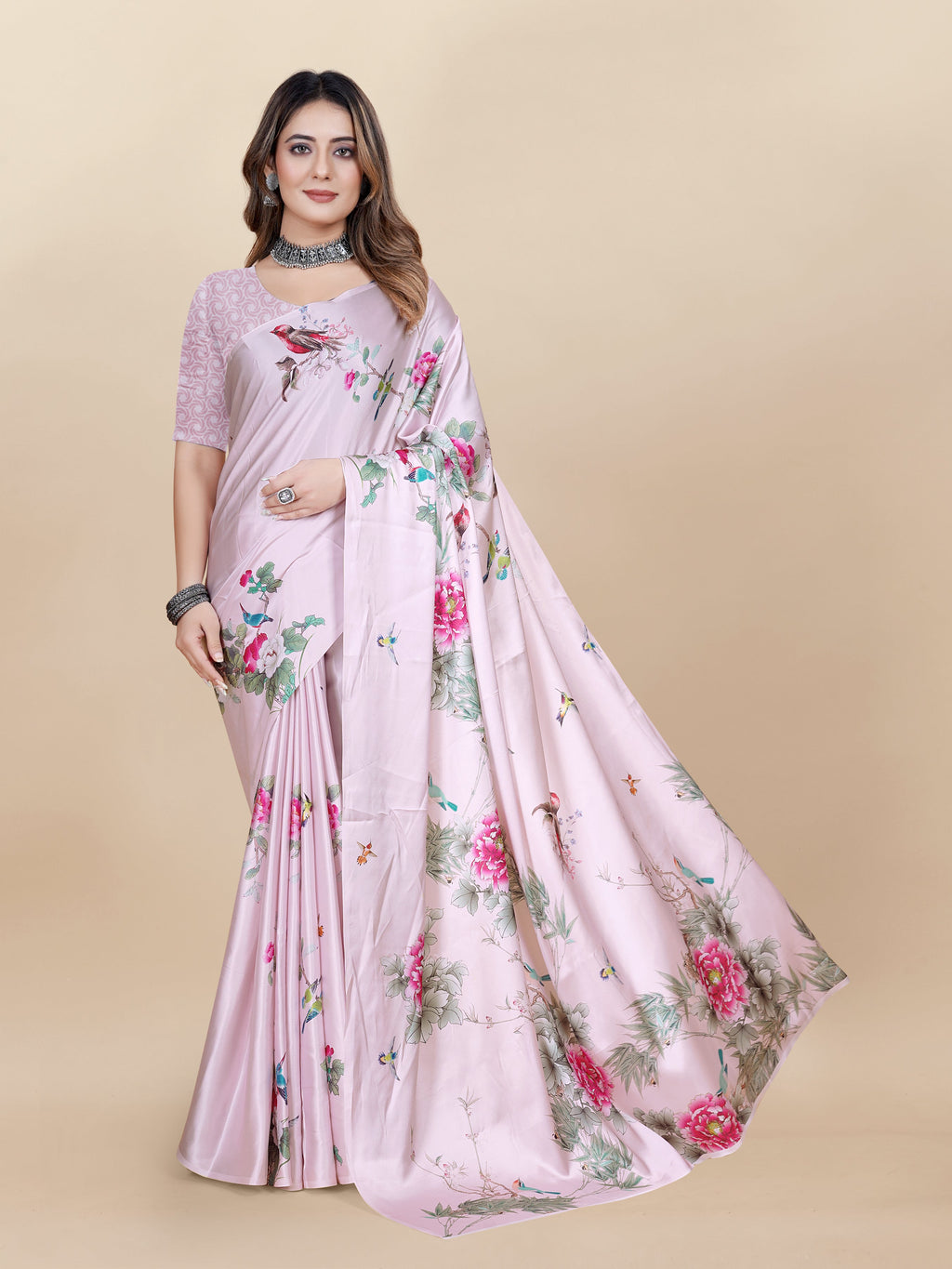 Vedant Vastram Digital Print Japan Satin Silk Party Wear Saree with Unstitched Blouse Piece - Pink | Grocsy