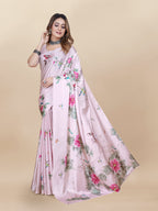 Vedant Vastram Digital Print Japan Satin Silk Party Wear Saree with Unstitched Blouse Piece - Pink | Grocsy