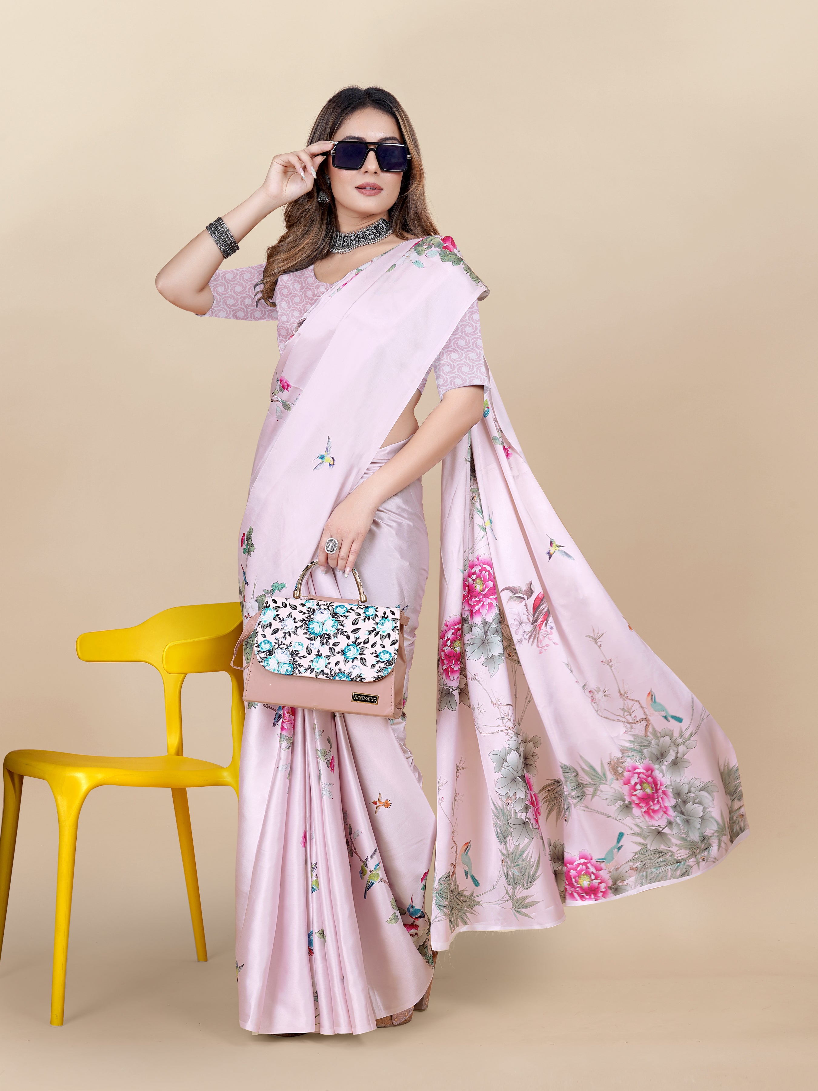Vedant Vastram Digital Print Japan Satin Silk Party Wear Saree with Unstitched Blouse Piece - Pink | Grocsy