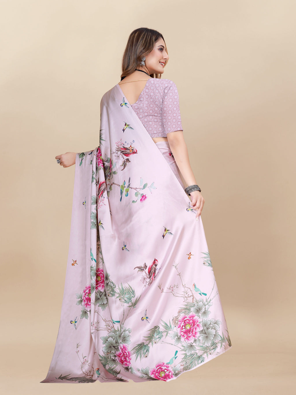 Vedant Vastram Digital Print Japan Satin Silk Party Wear Saree with Unstitched Blouse Piece - Pink | Grocsy