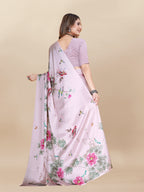 Vedant Vastram Digital Print Japan Satin Silk Party Wear Saree with Unstitched Blouse Piece - Pink | Grocsy