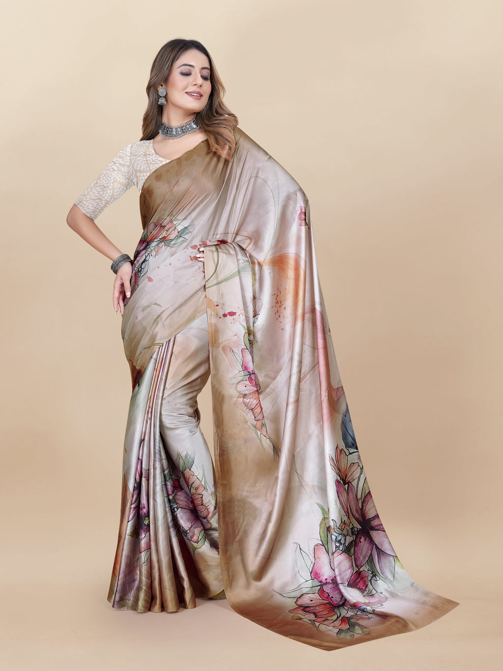 Vedant Vastram Digital Print Japan Satin Silk Party Wear Saree with Unstitched Blouse Piece - Beige | Grocsy