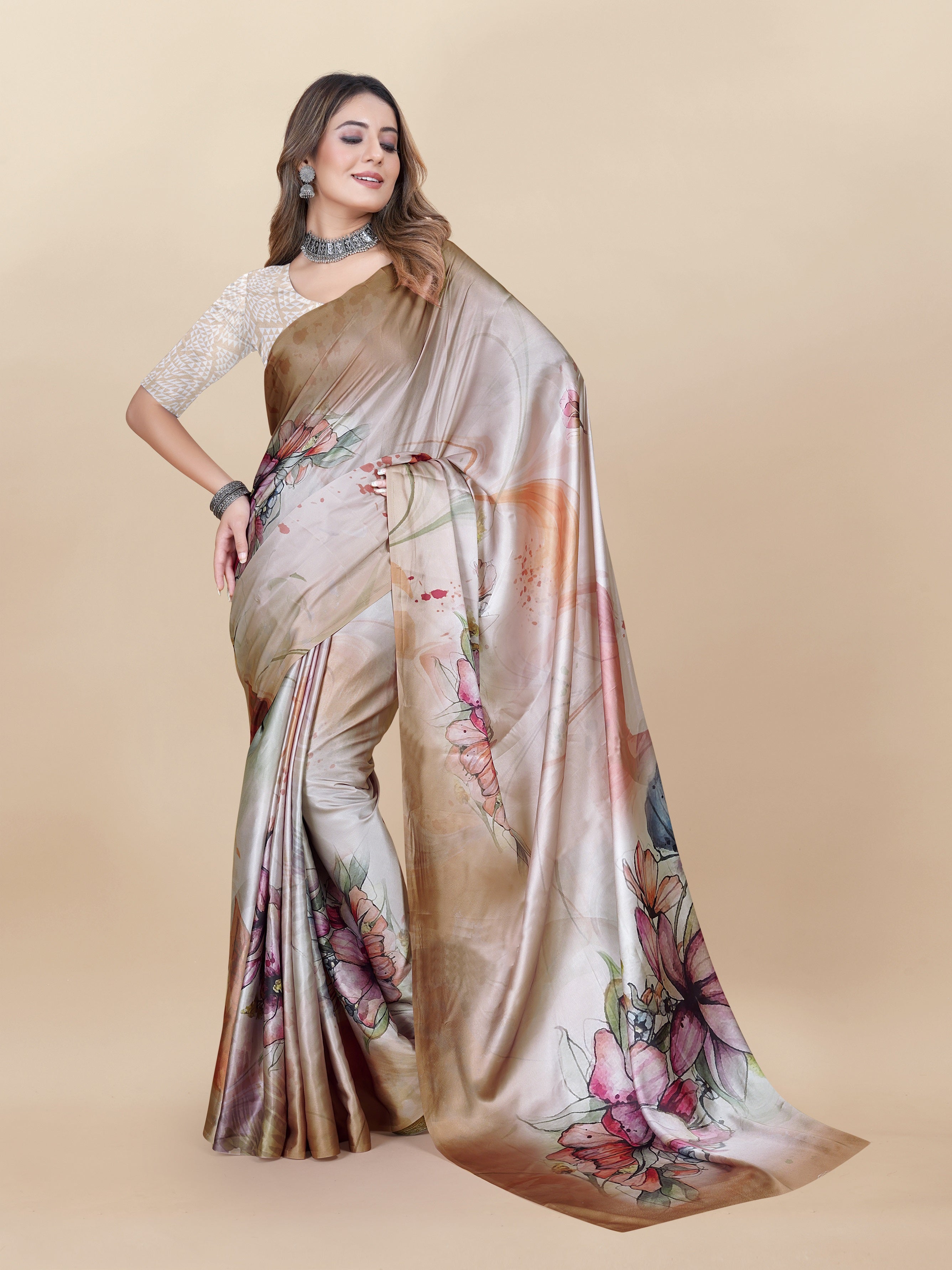 Vedant Vastram Digital Print Japan Satin Silk Party Wear Saree with Unstitched Blouse Piece - Beige | Grocsy