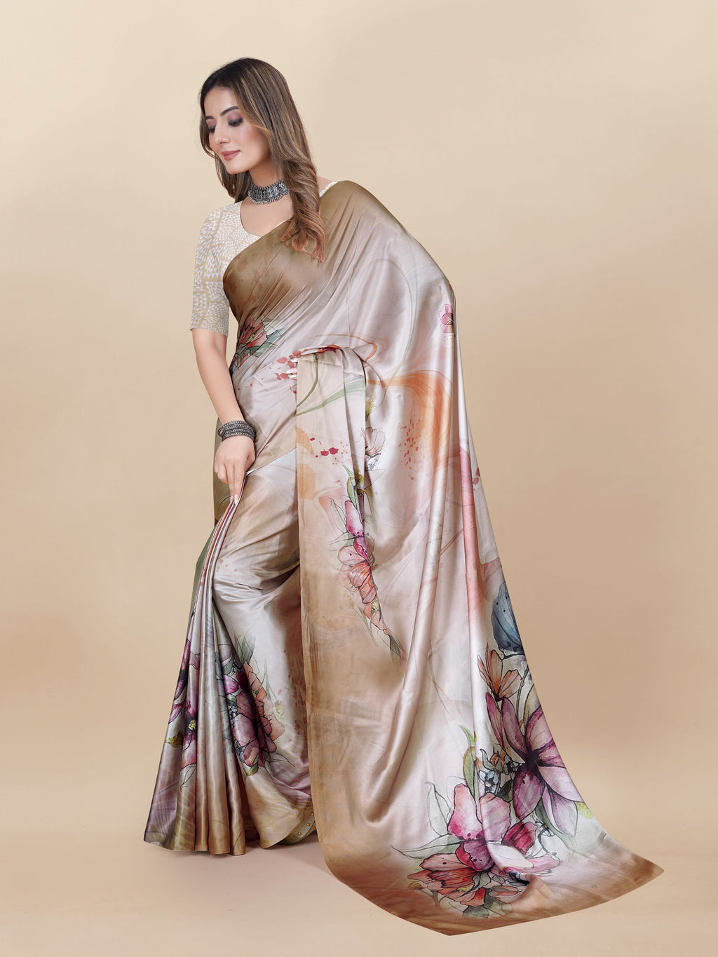 Vedant Vastram Digital Print Japan Satin Silk Party Wear Saree with Unstitched Blouse Piece - Beige | Grocsy