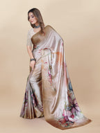Vedant Vastram Digital Print Japan Satin Silk Party Wear Saree with Unstitched Blouse Piece - Beige | Grocsy