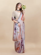 Vedant Vastram Digital Print Japan Satin Silk Party Wear Saree with Unstitched Blouse Piece - Beige | Grocsy