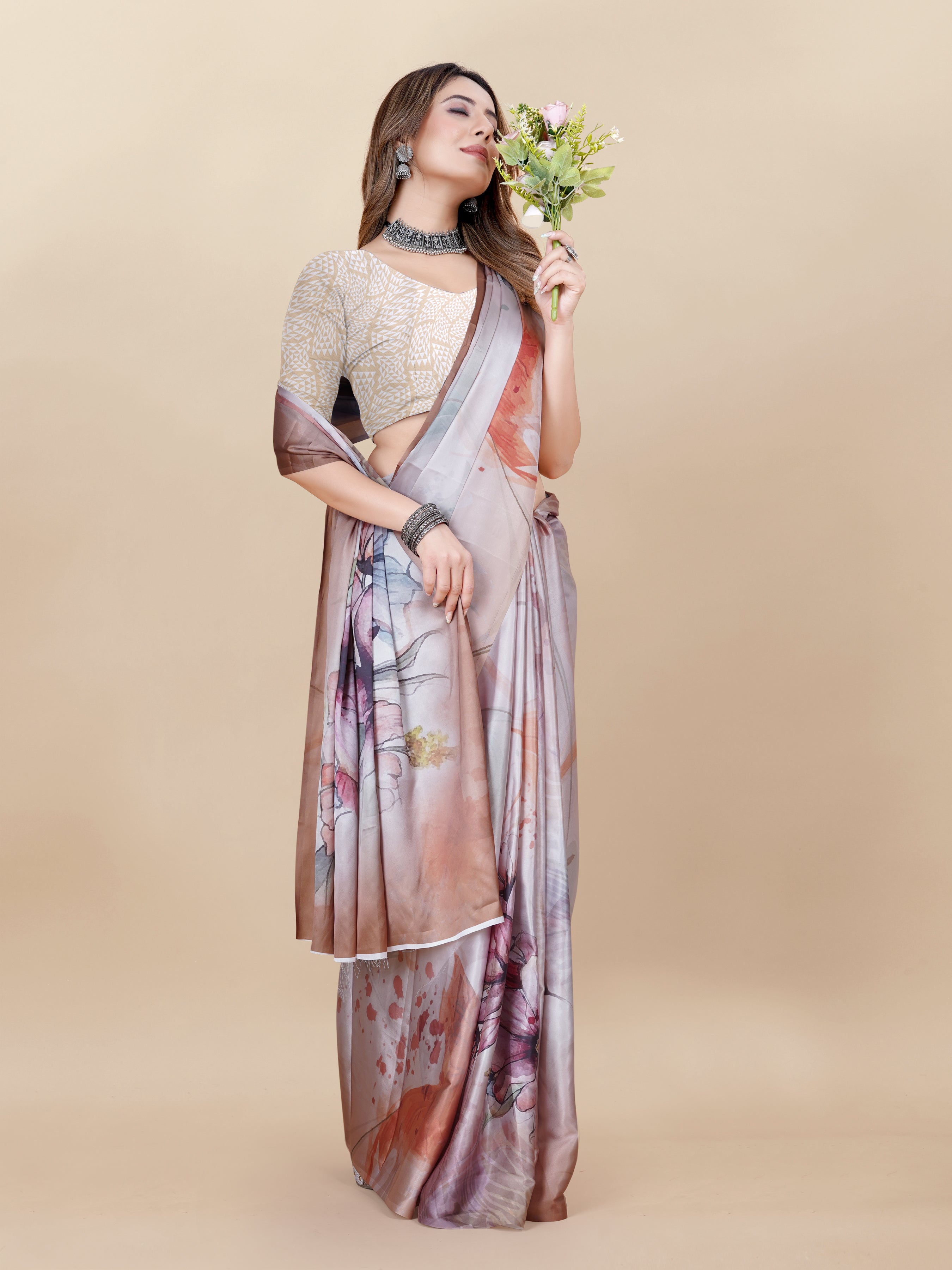 Vedant Vastram Digital Print Japan Satin Silk Party Wear Saree with Unstitched Blouse Piece - Beige | Grocsy