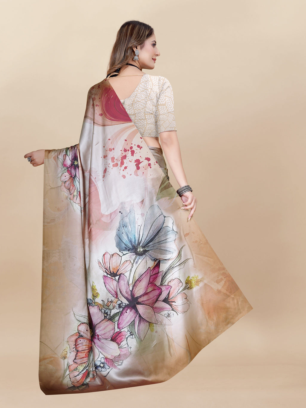 Vedant Vastram Digital Print Japan Satin Silk Party Wear Saree with Unstitched Blouse Piece - Beige | Grocsy