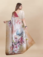 Vedant Vastram Digital Print Japan Satin Silk Party Wear Saree with Unstitched Blouse Piece - Beige | Grocsy