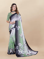 Vedant Vastram Digital Print Japan Satin Silk Party Wear Saree with Unstitched Blouse Piece - Green | Grocsy
