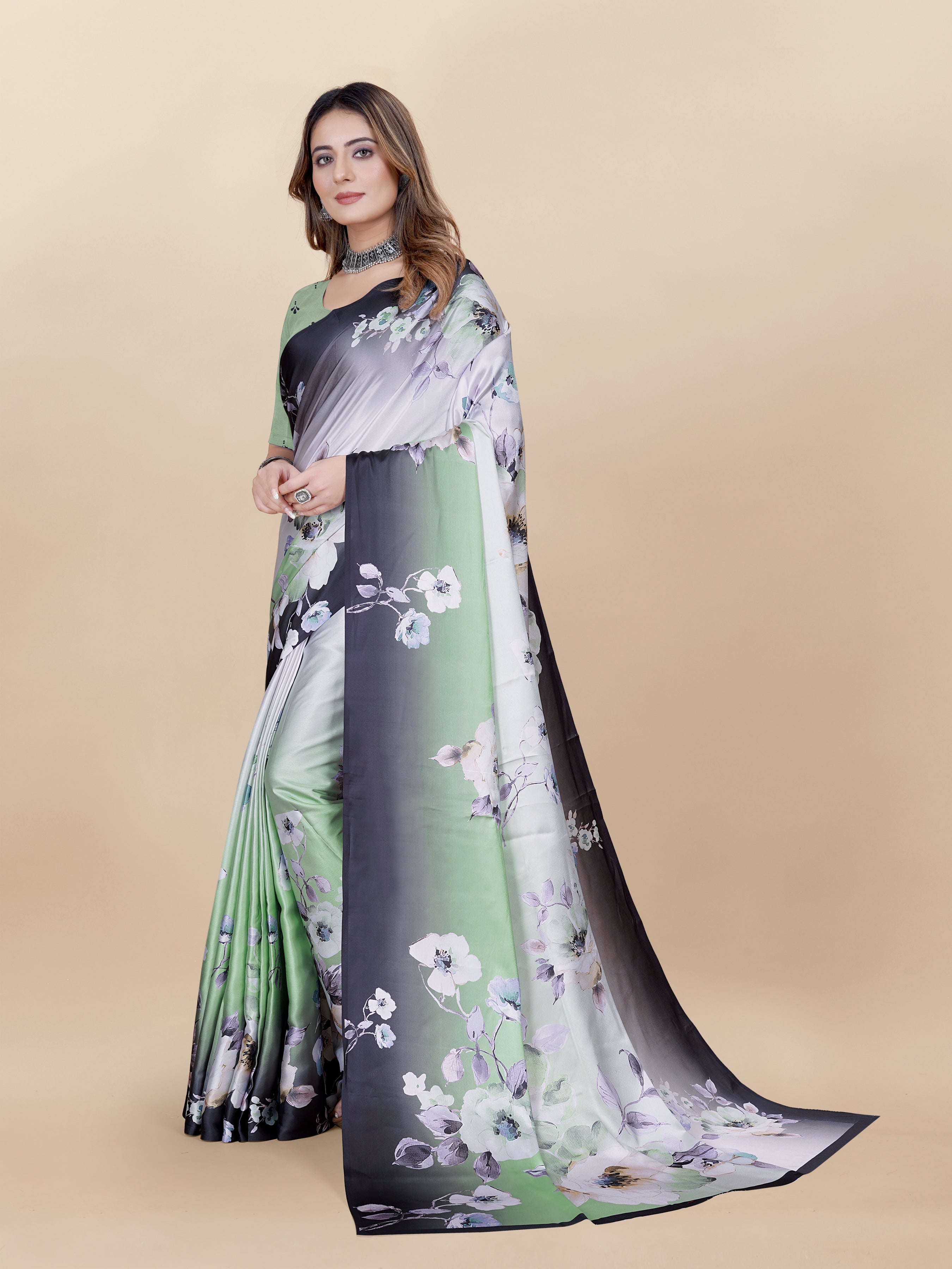 Vedant Vastram Digital Print Japan Satin Silk Party Wear Saree with Unstitched Blouse Piece - Green | Grocsy