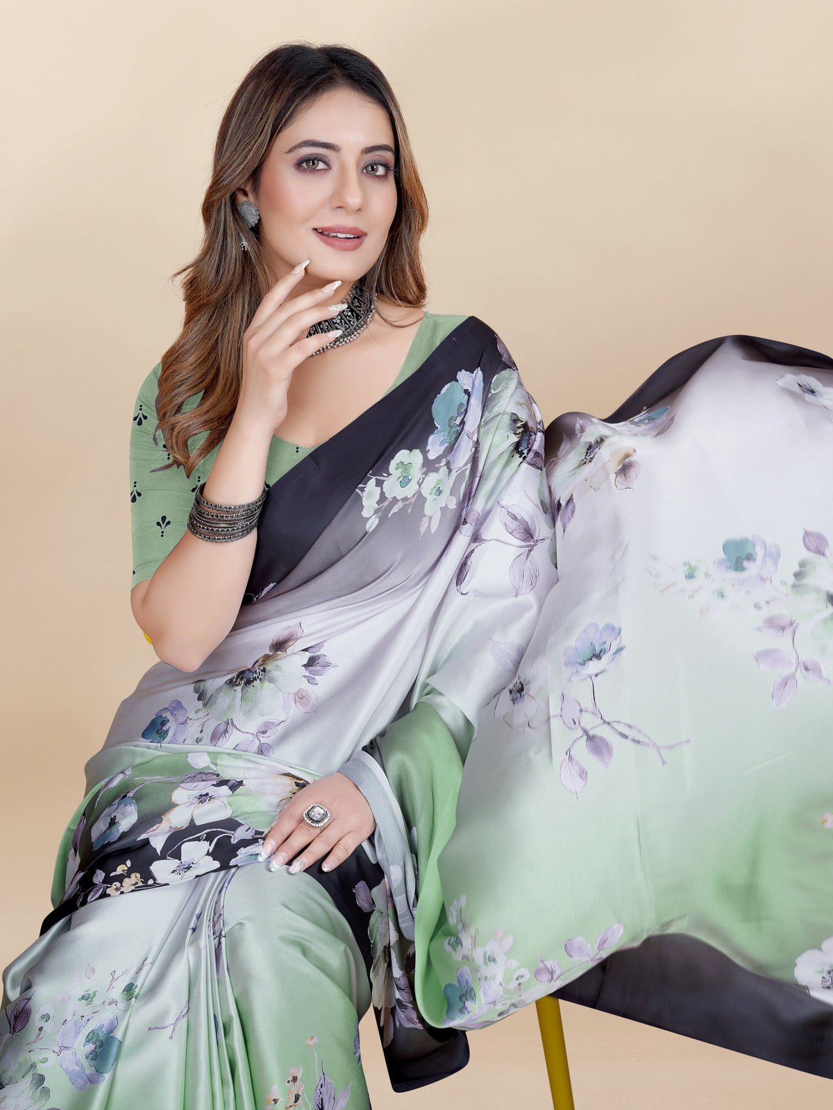 Vedant Vastram Digital Print Japan Satin Silk Party Wear Saree with Unstitched Blouse Piece - Green | Grocsy