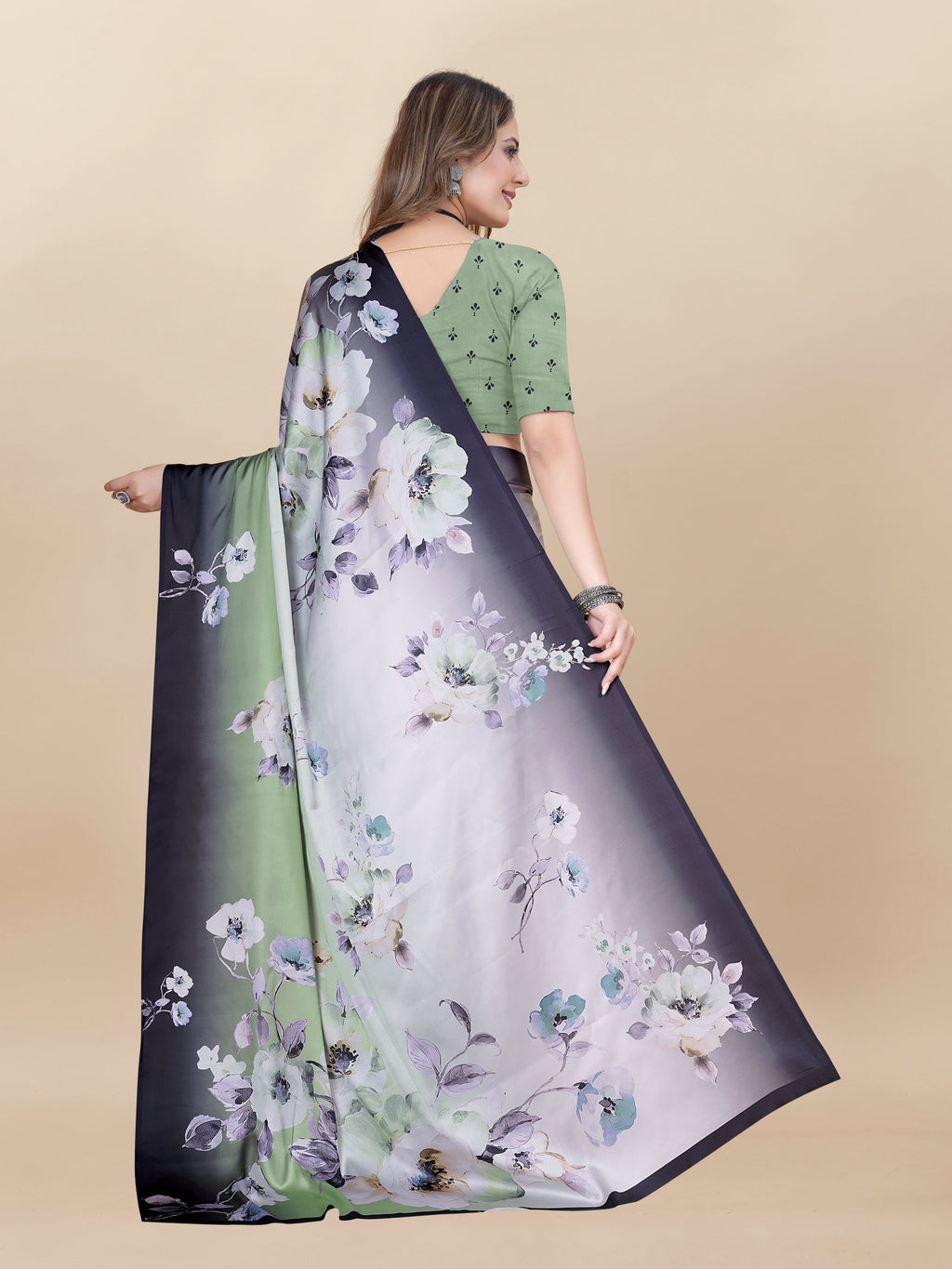 Vedant Vastram Digital Print Japan Satin Silk Party Wear Saree with Unstitched Blouse Piece - Green | Grocsy