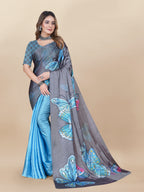Vedant Vastram Digital Print Japan Satin Silk Party Wear Saree with Unstitched Blouse Piece - Turquoise | Grocsy