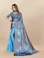 Vedant Vastram Digital Print Japan Satin Silk Party Wear Saree with Unstitched Blouse Piece - Turquoise | Grocsy