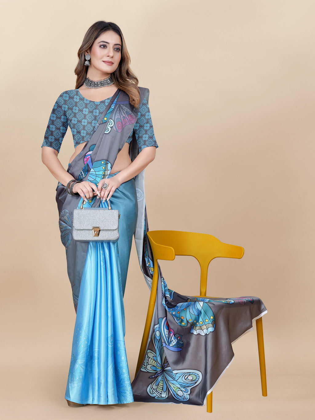 Vedant Vastram Digital Print Japan Satin Silk Party Wear Saree with Unstitched Blouse Piece - Turquoise | Grocsy