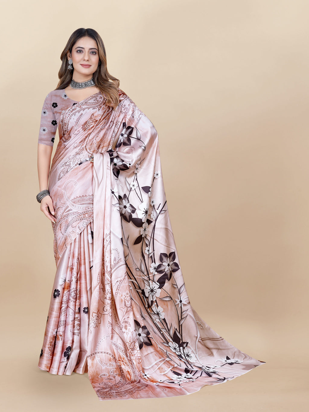 Vedant Vastram Digital Print Japan Satin Silk Party Wear Saree with Unstitched Blouse Piece - Beige | Grocsy